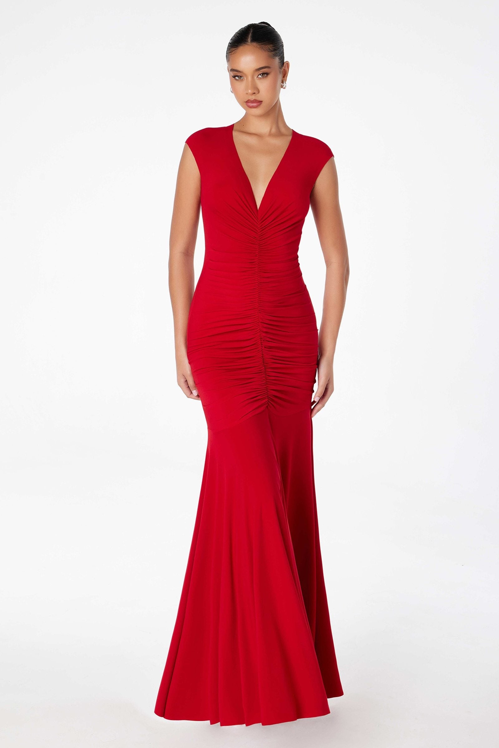 Astee T2009 Long V-Neckline Ruched Mermaid Gown by DiscountDressShop