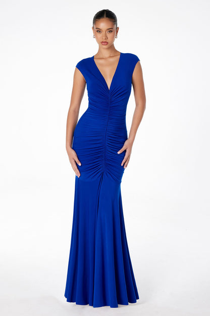Astee T2009 Long V-Neckline Ruched Mermaid Gown by DiscountDressShop