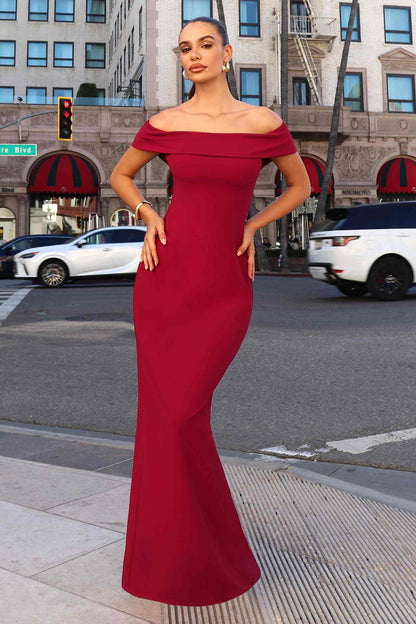 Astee T2011 Off the Shoulder Fitted Evening Gown Back Slit by DiscountDressShop