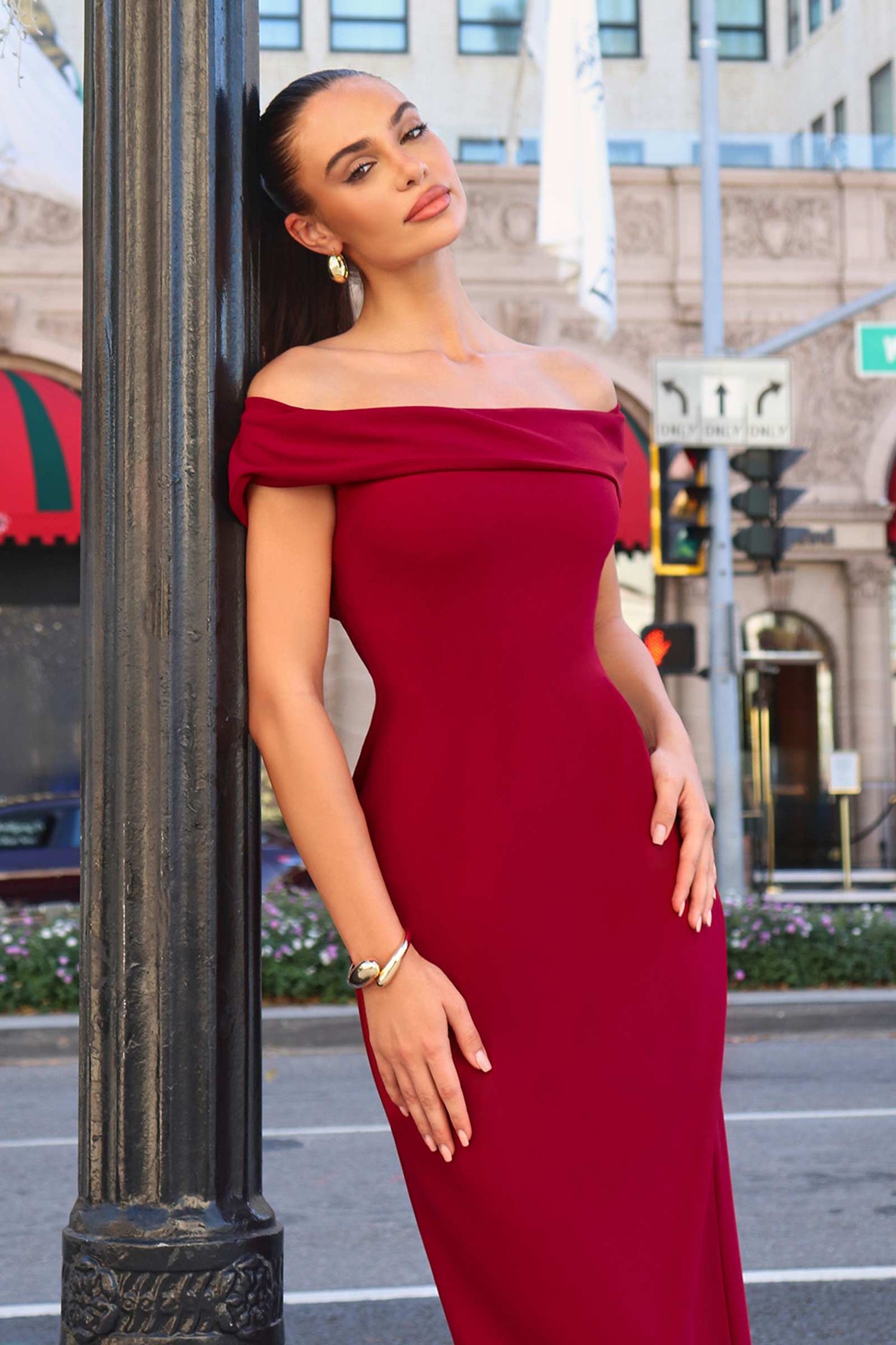 Astee T2011 Off the Shoulder Fitted Evening Gown Back Slit by DiscountDressShop