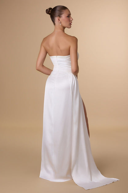 Amoris T215W Fitted Strapless Luxurious Satin Side Sash Wedding Dress - DestGlow