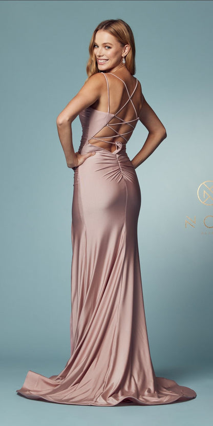 Nox Anabel T481 Long Scoop Neck Spaghetti Strap Fitted Gown Slit by DiscountDressShop