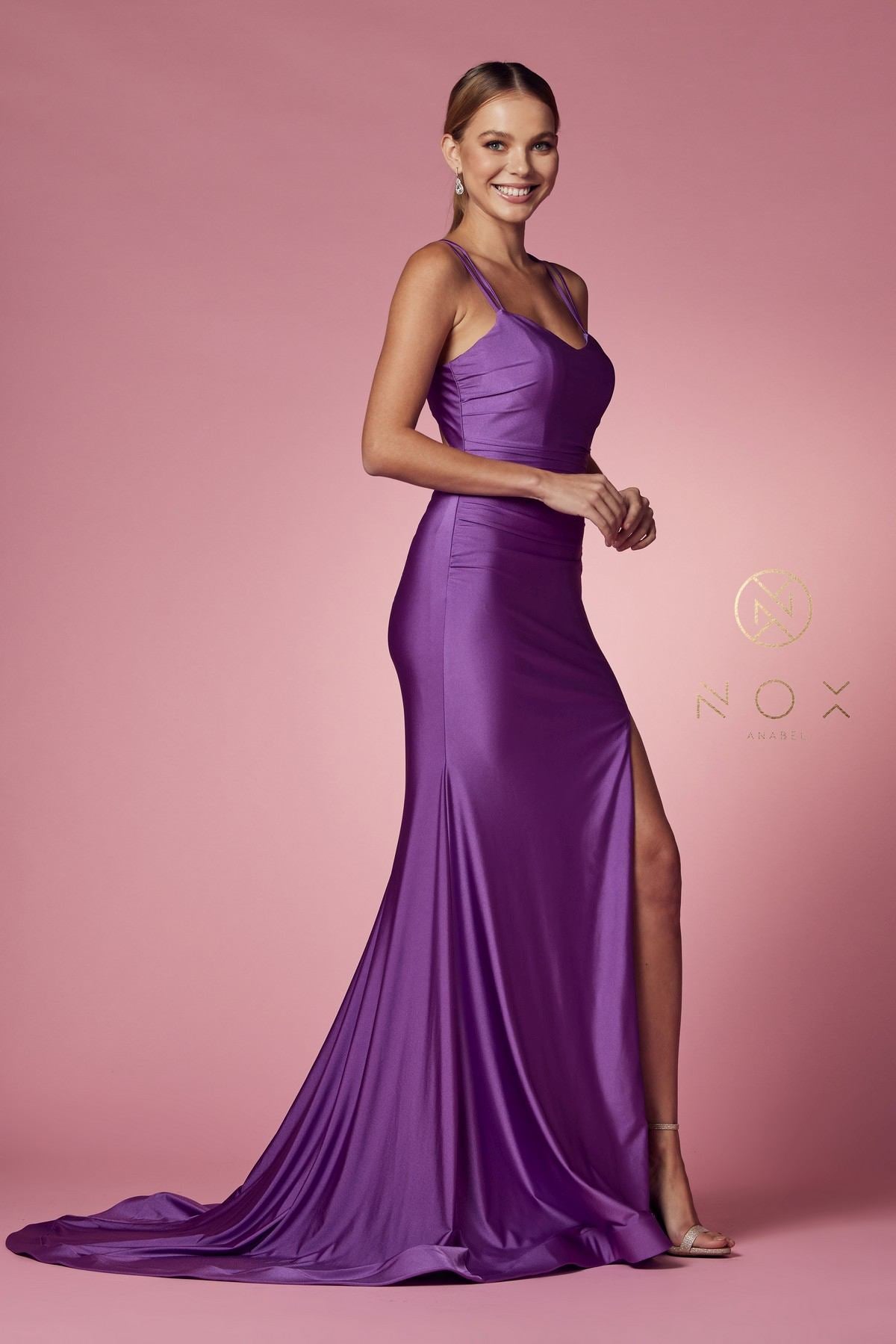 Nox Anabel T481 Long Scoop Neck Spaghetti Strap Fitted Gown Slit by DiscountDressShop
