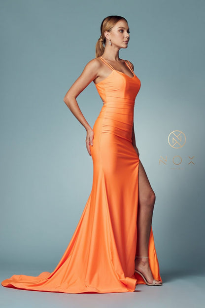 Nox Anabel T481 Long Scoop Neck Spaghetti Strap Fitted Gown Slit by DiscountDressShop
