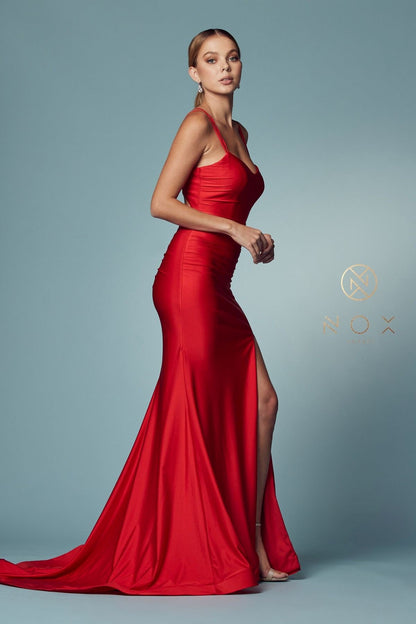 Nox Anabel T481 Long Scoop Neck Spaghetti Strap Fitted Gown Slit by DiscountDressShop
