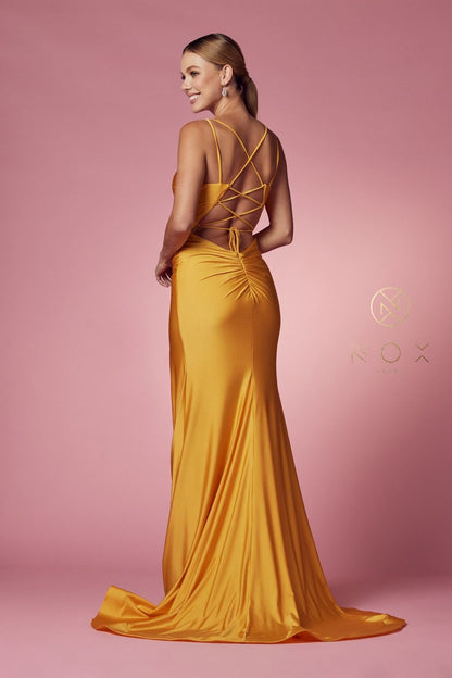 Nox Anabel T481 Long Scoop Neck Spaghetti Strap Fitted Gown Slit by DiscountDressShop