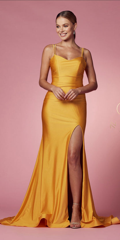 Nox Anabel T481 Long Scoop Neck Spaghetti Strap Fitted Gown Slit by DiscountDressShop