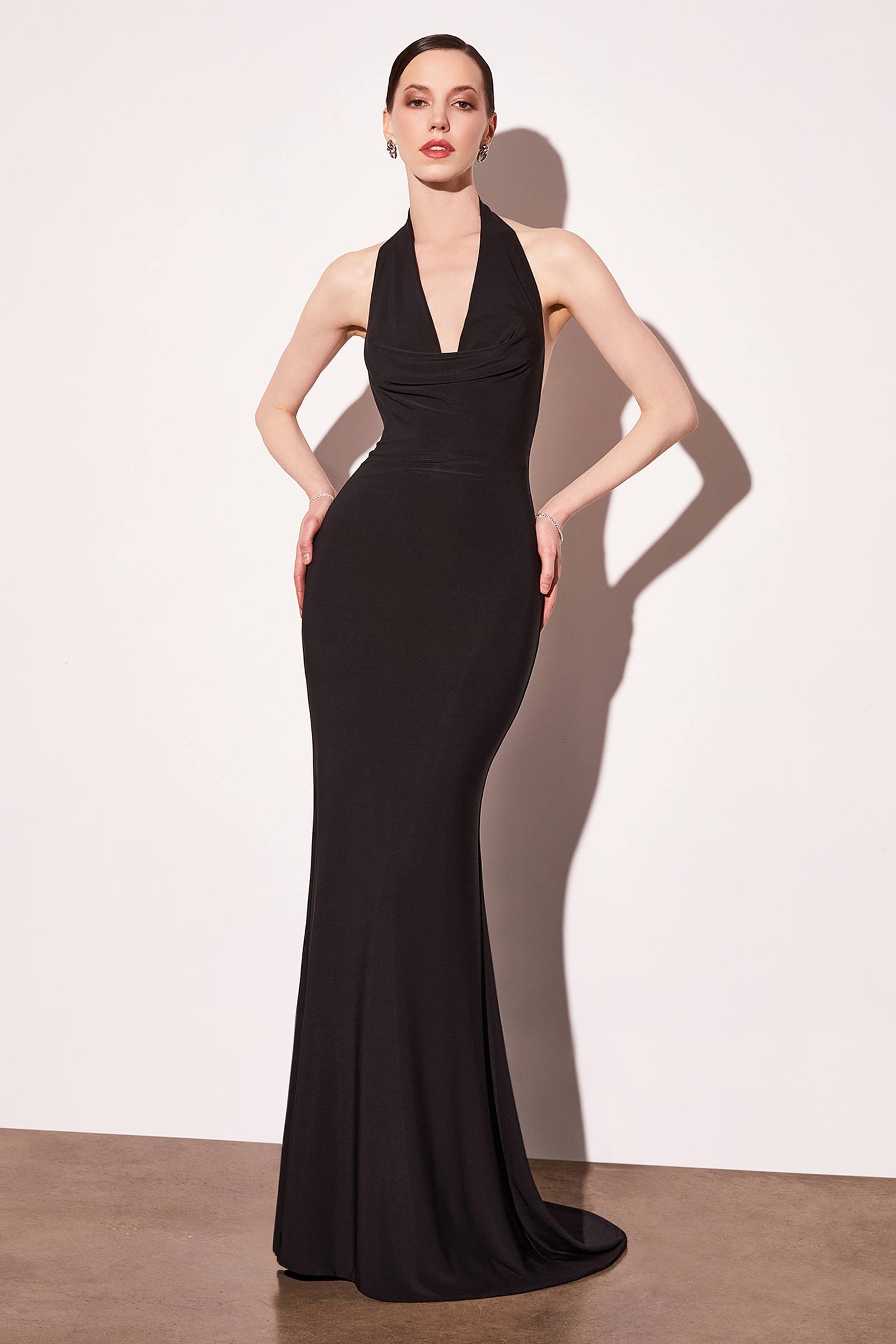 Astee T501 Long Halter V-Neckline Fitted Open Back Evening Gown by DiscountDressShop