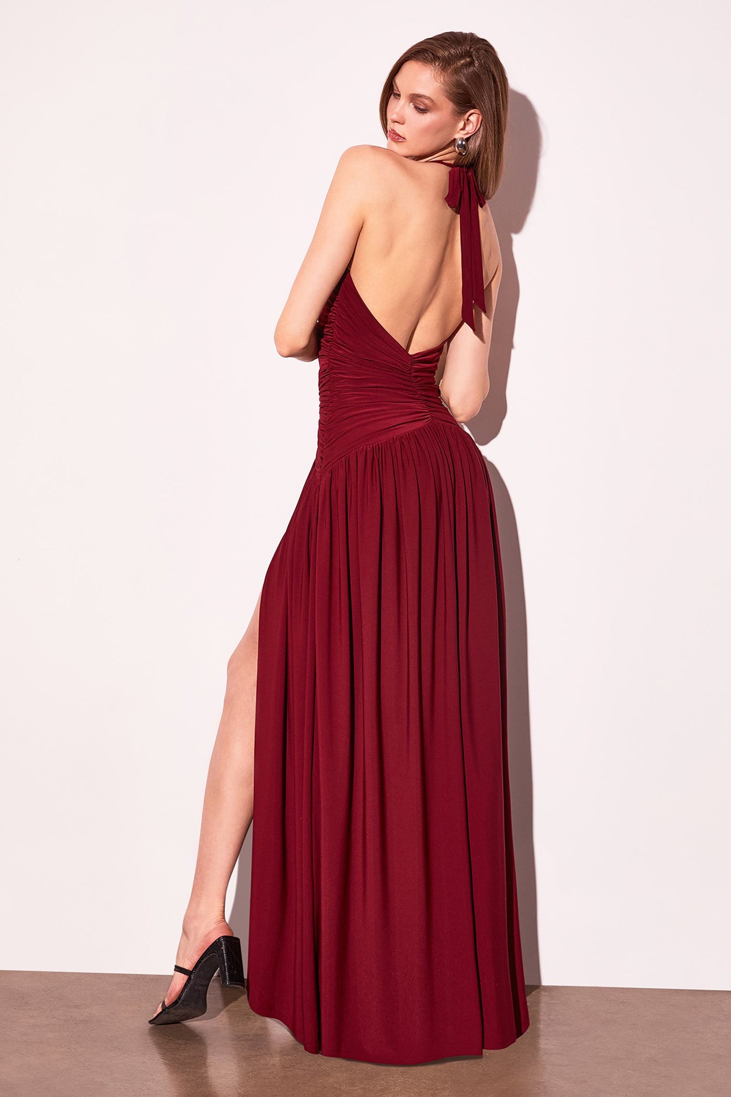 Astee T502 Halter Top V-Neckline Evening Gown with Leg Slit by DiscountDressShop