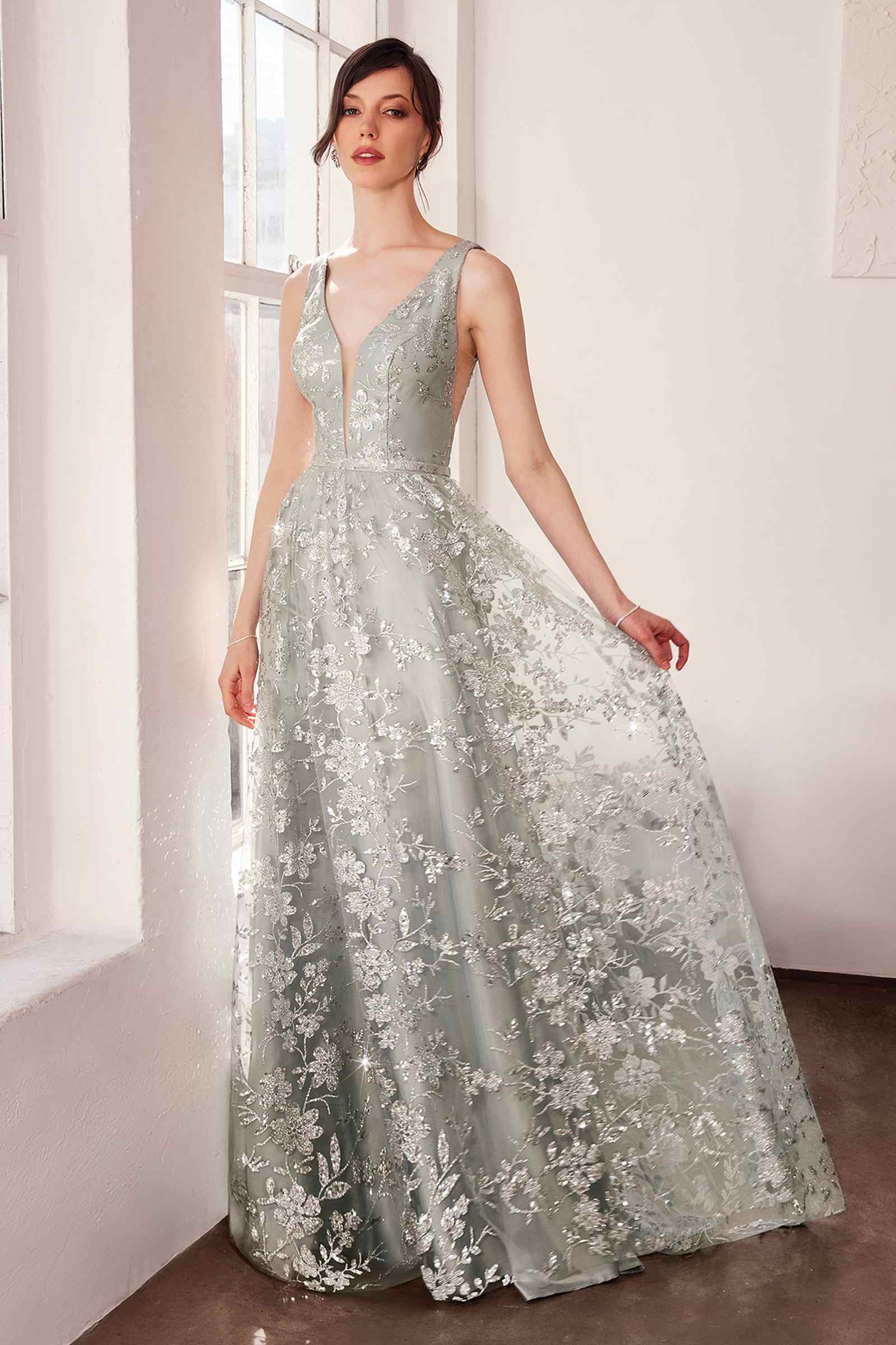 Ladivine Amoris T606 Long Sleeveless Glitter Print A-Line Gown by DiscountDressShop