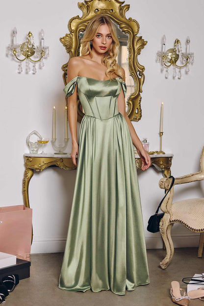 Amoris T612 Long A-Line Strapless Satin Semi-Formal Gown by DiscountDressShop