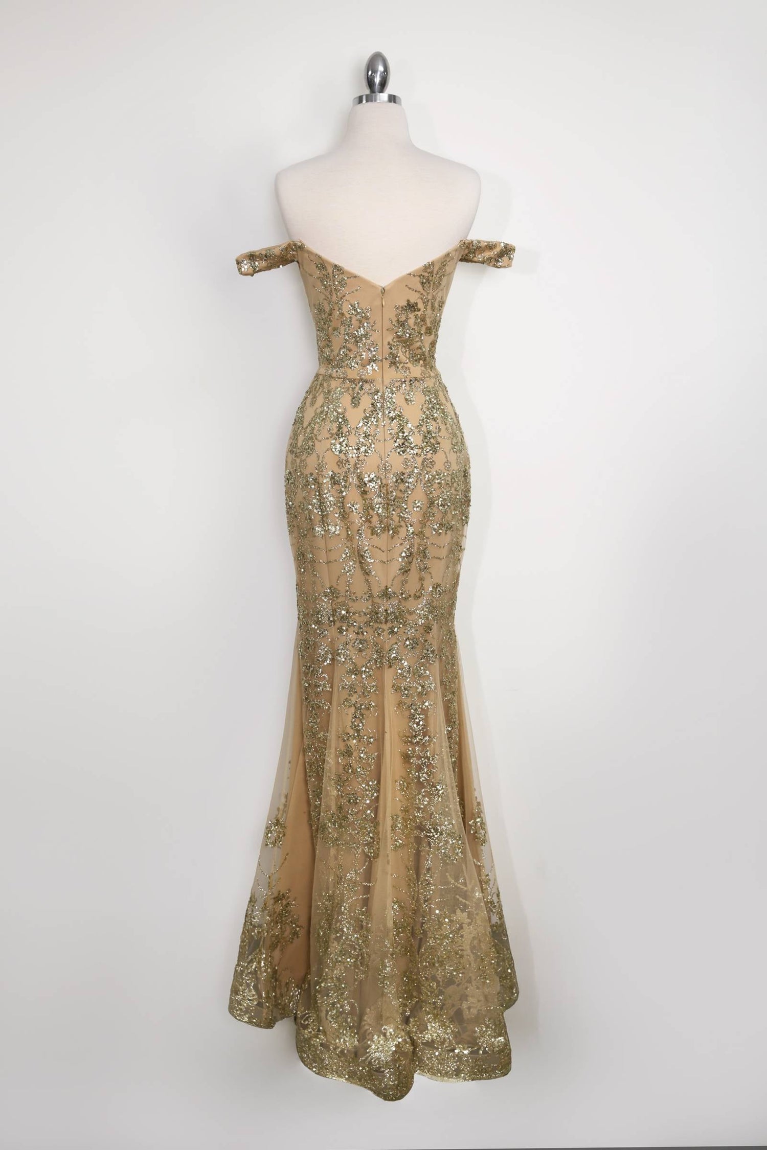 Amoris T613 Fitted Off the Shoulder Sequin Lace Sweep Train Gown by DiscountDressShop