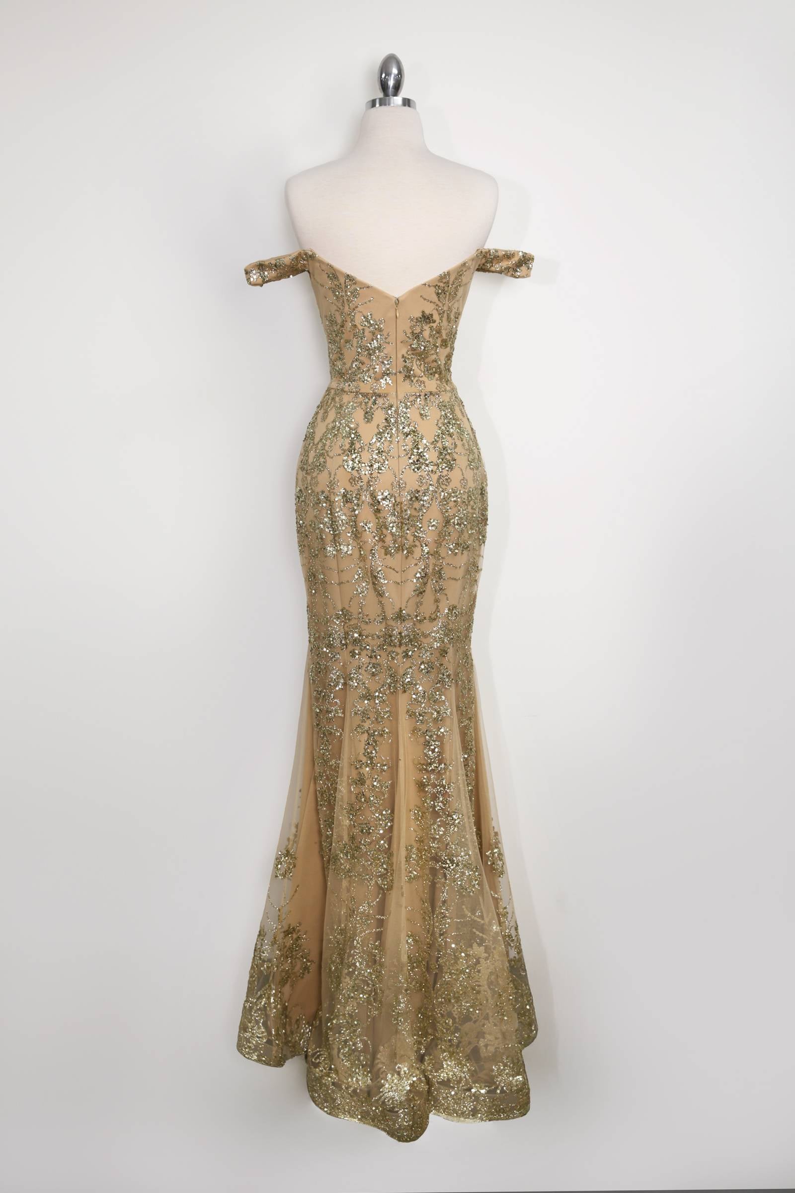 Amoris T613 Fitted Off the Shoulder Sequin Lace Sweep Train Gown by DiscountDressShop