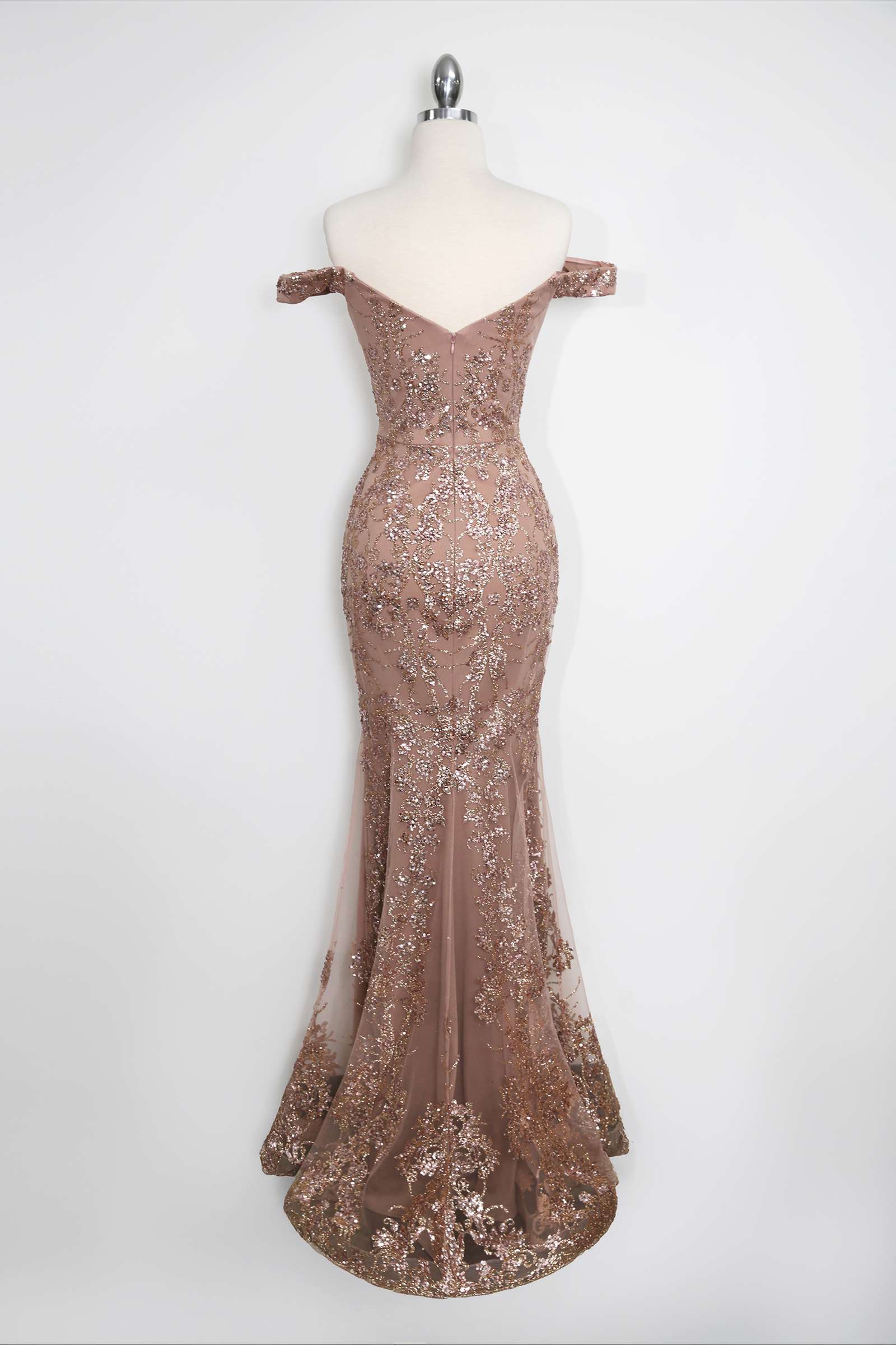 Amoris T613 Fitted Off the Shoulder Sequin Lace Sweep Train Gown by DiscountDressShop