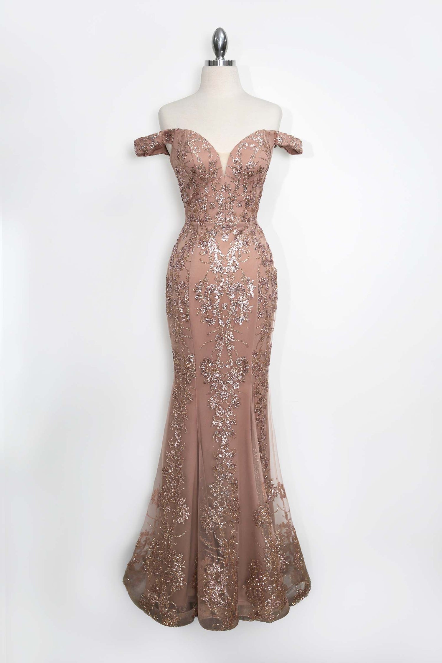 Amoris T613 Fitted Off the Shoulder Sequin Lace Sweep Train Gown by DiscountDressShop