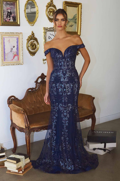 Amoris T613 Fitted Off the Shoulder Sequin Lace Sweep Train Gown by DiscountDressShop