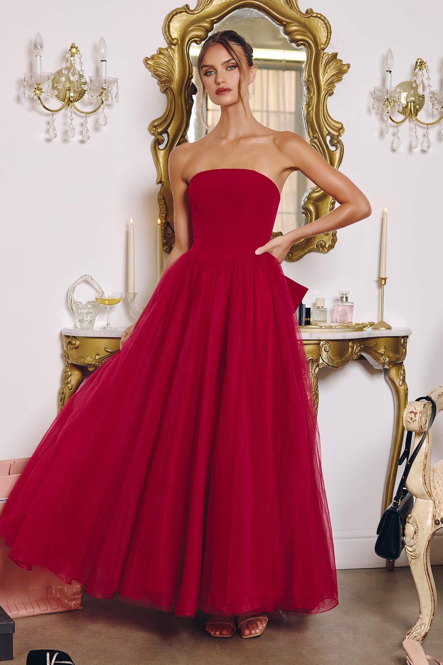 Amoris T712 Strapless Crepe Bodice A-Line Gown Layered Tulle Skirt by DiscountDressShop