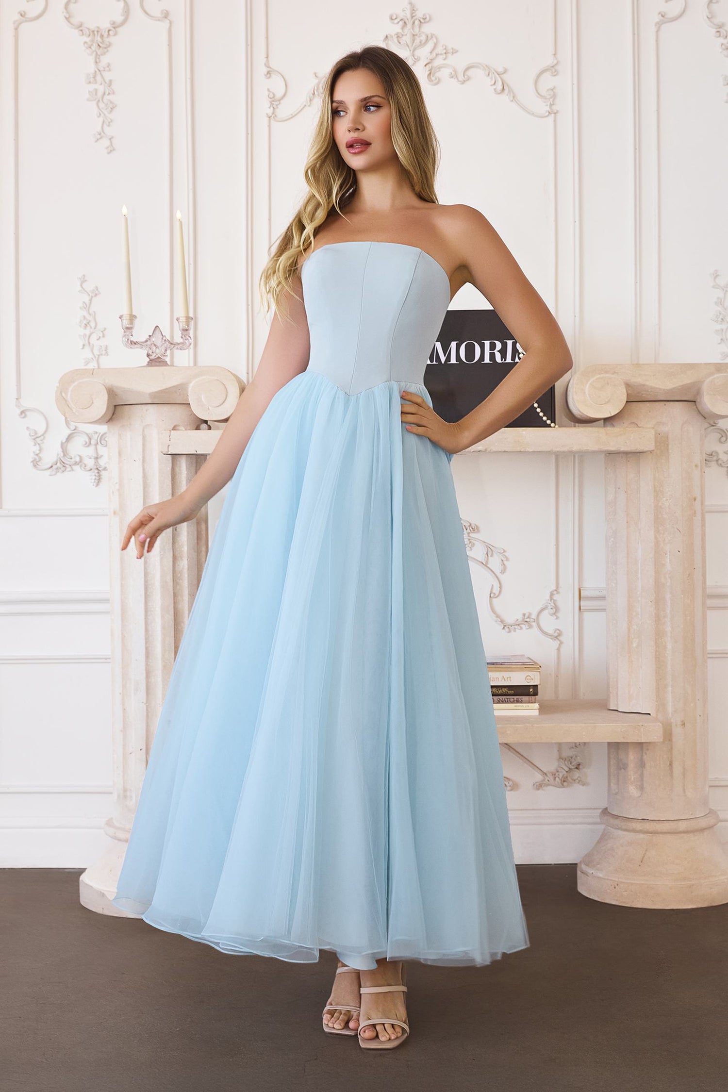 Amoris T712 Strapless Crepe Bodice A-Line Gown Layered Tulle Skirt by DiscountDressShop