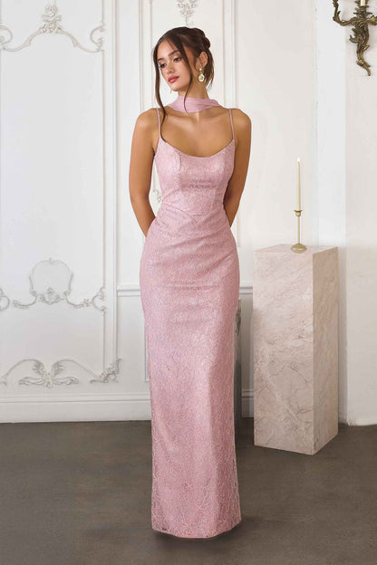 Amoris T725 Long Fitted Shimmering Lace Gown Spaghetti Straps by DiscountDressShop