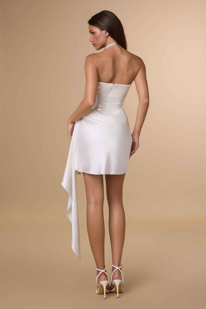 Amoris T734W Sculpted Modern Fit Strapless Off White Mini Dress by DiscountDressShop
