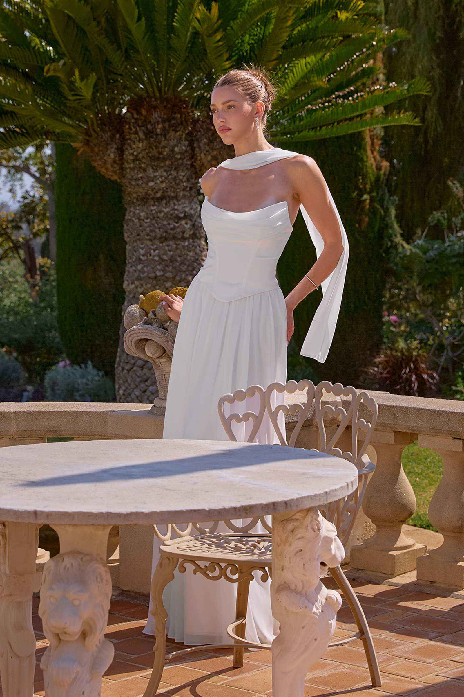Amoris T741W Flowing A-Line Strapless Chiffon Off White Evening Gown by DiscountDressShop