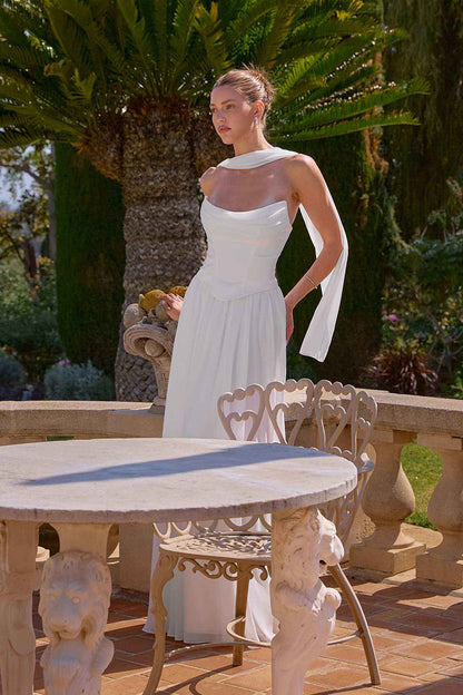 Amoris T741W Flowing A-Line Strapless Chiffon Off White Evening Gown by DiscountDressShop