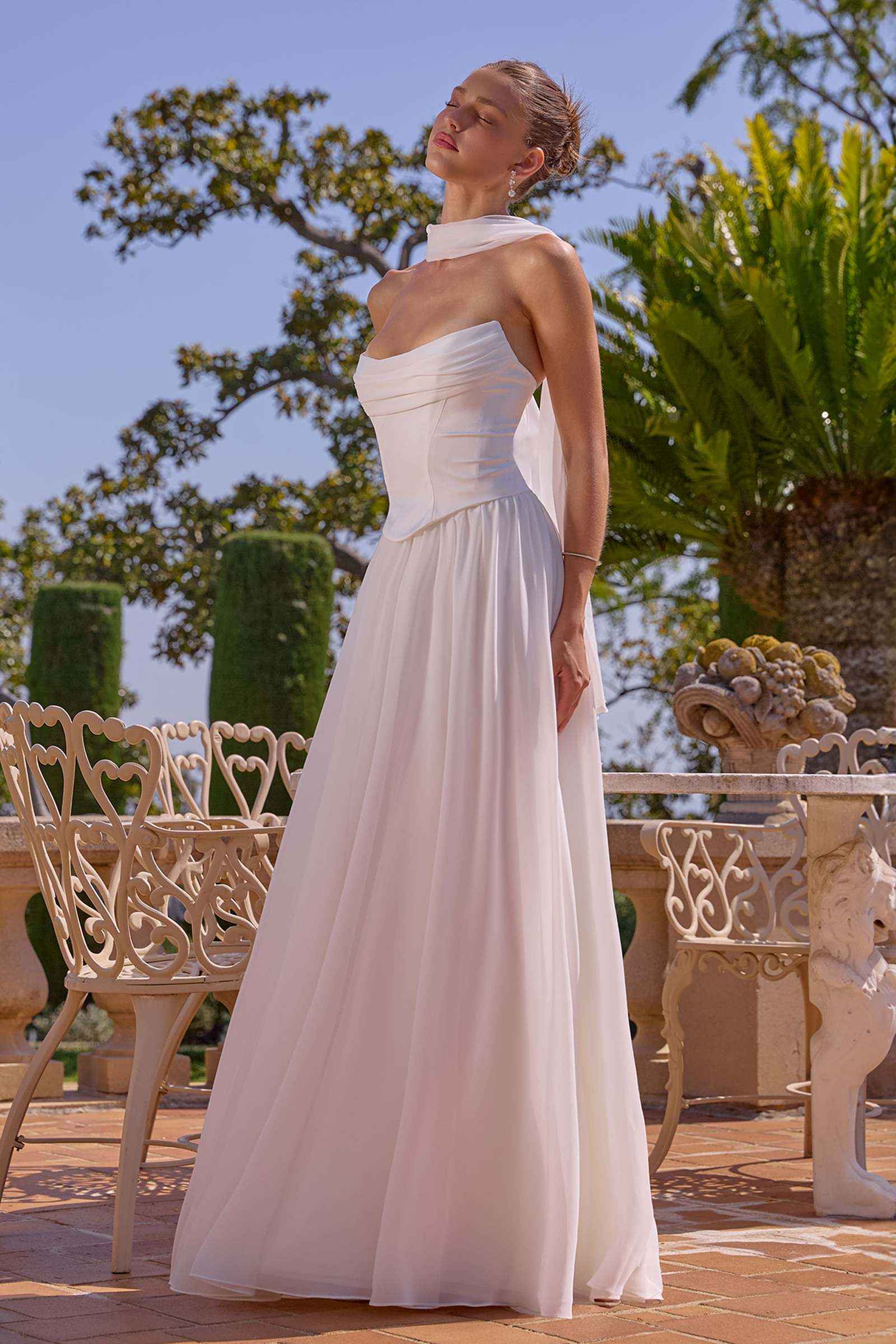Amoris T741W Flowing A-Line Strapless Chiffon Off White Evening Gown by DiscountDressShop