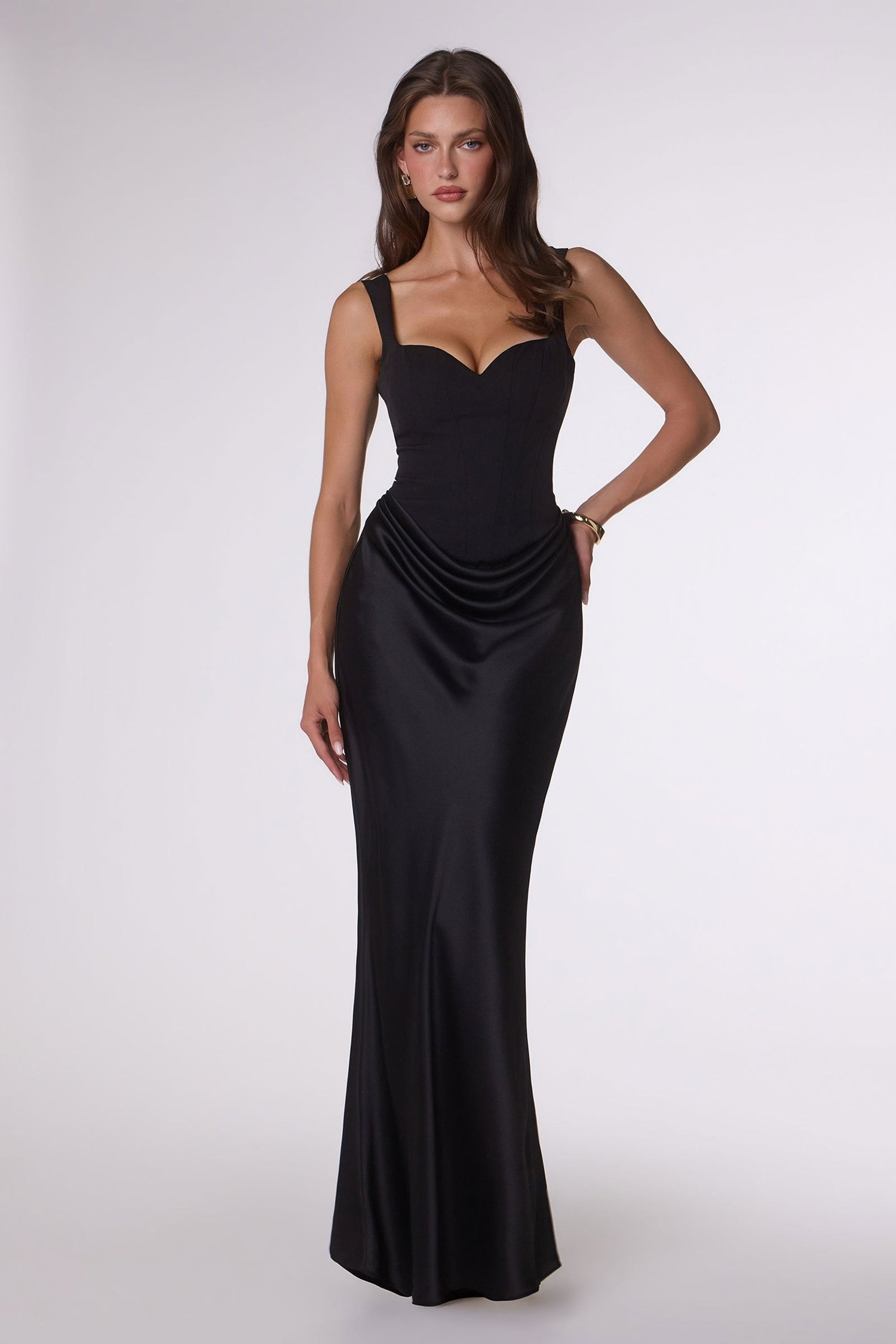 Amoris T742 Timeless Fitted Satin Formal Gown Crepe Bodice by DiscountDressShop