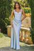 Amoris T742 Timeless Fitted Satin Formal Gown Crepe Bodice by DiscountDressShop