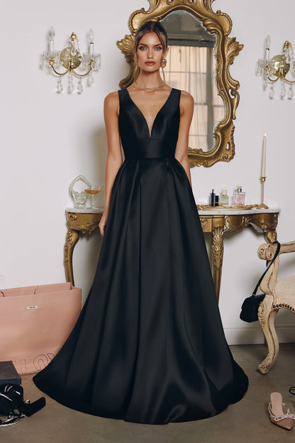 Amoris T814 Long V-Neckline A-Line Satin Dress with Pockets by DiscountDressShop