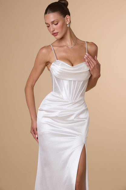 Amoris T815W Fitted Sultry Stretch Satin Bustier Bodice Off White Dress by DiscountDressShop