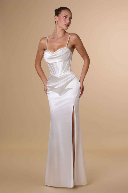 Amoris T815W Fitted Sultry Stretch Satin Bustier Bodice Off White Dress by DiscountDressShop