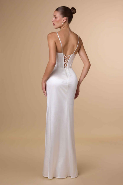 Amoris T815W Fitted Sultry Stretch Satin Bustier Bodice Off White Dress by DiscountDressShop