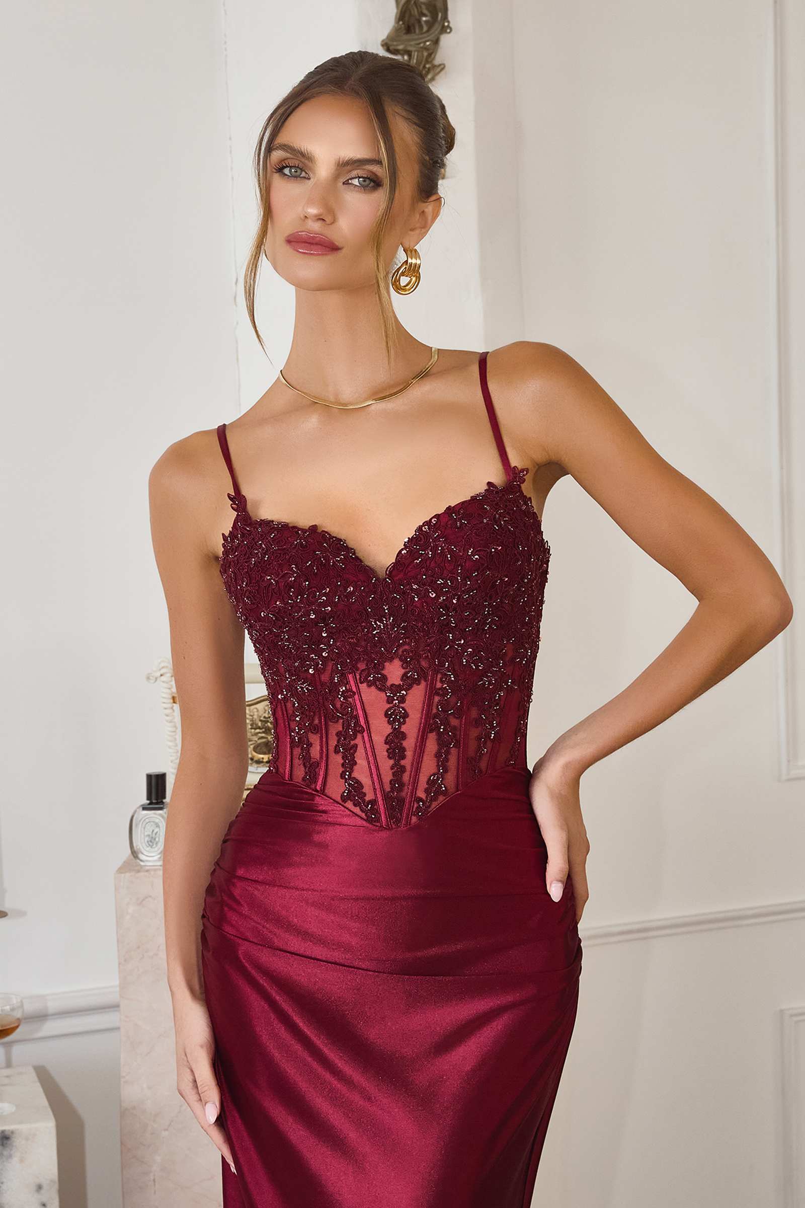 Amoris T819 Sleek Fitted Stretch Satin Sheer Corset Mermaid Gown by DiscountDressShop