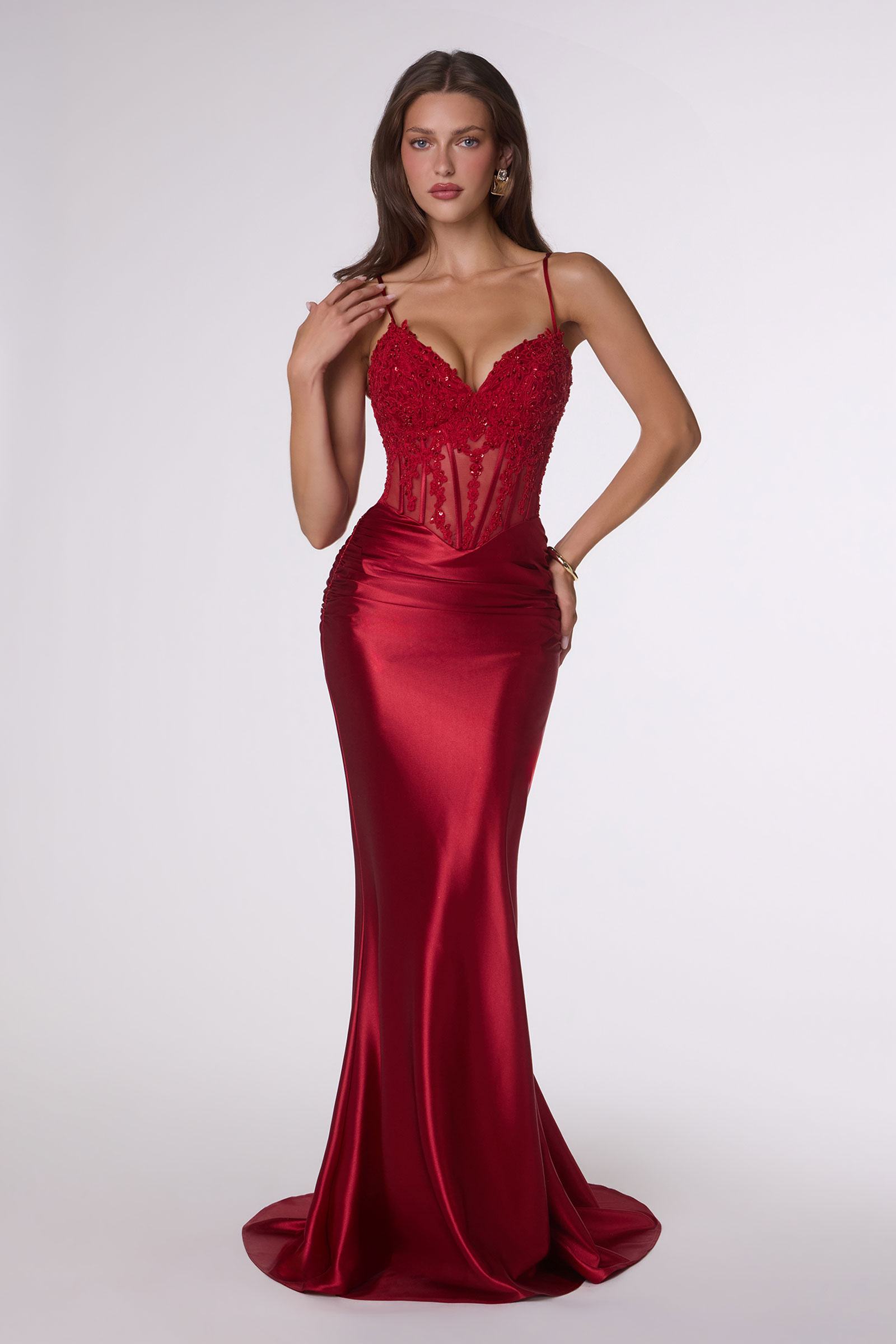 Amoris T819 Sleek Fitted Stretch Satin Sheer Corset Mermaid Gown by DiscountDressShop
