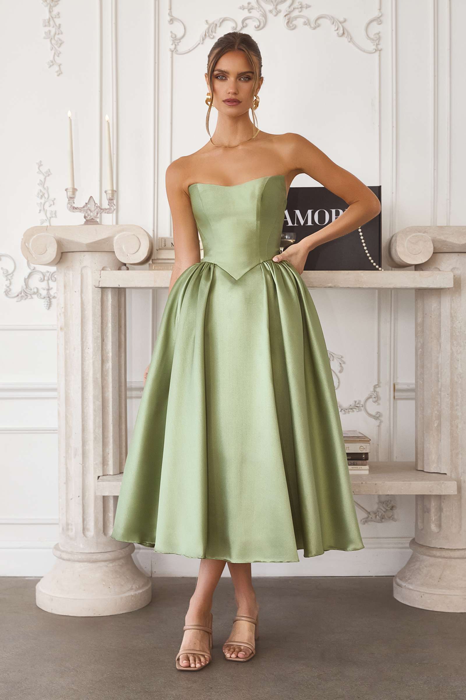 Amoris T822 Elegant Mikado Midi Timeless Strapless Gown by DiscountDressShop