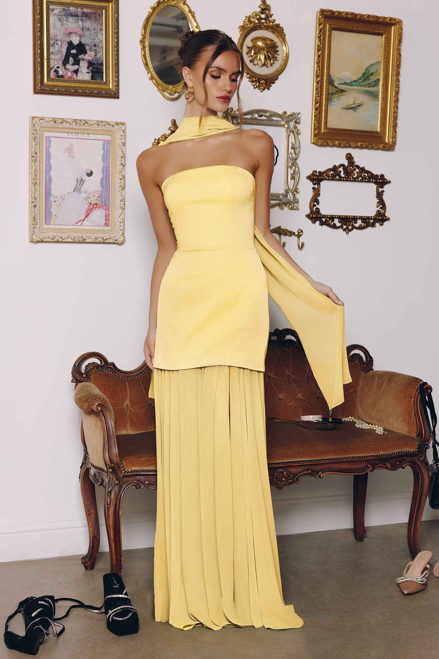 Amoris T825 Strapless Satin Bodice Pleated Chiffon Skirt Fitted Dress by DiscountDressShop