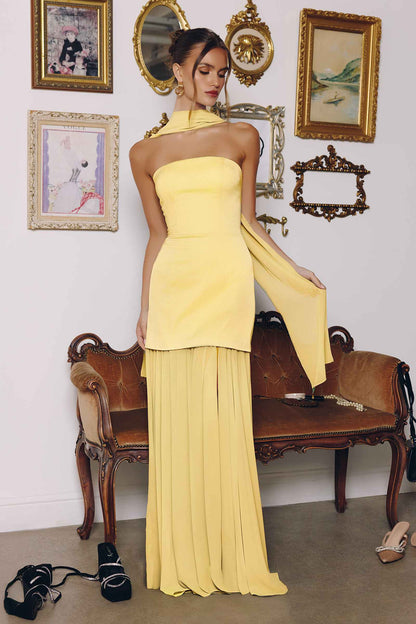 Amoris T825 Strapless Satin Bodice Pleated Chiffon Skirt Fitted Dress by DiscountDressShop