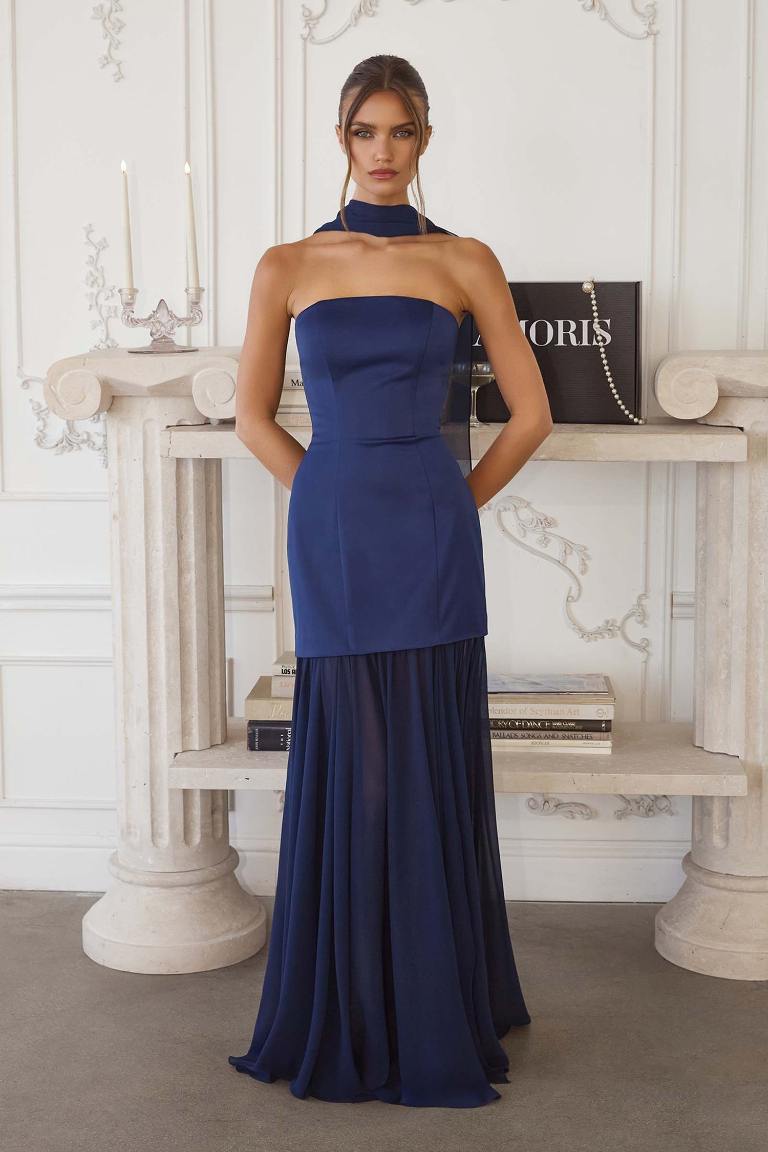 Amoris T825 Strapless Satin Bodice Pleated Chiffon Skirt Fitted Dress by DiscountDressShop