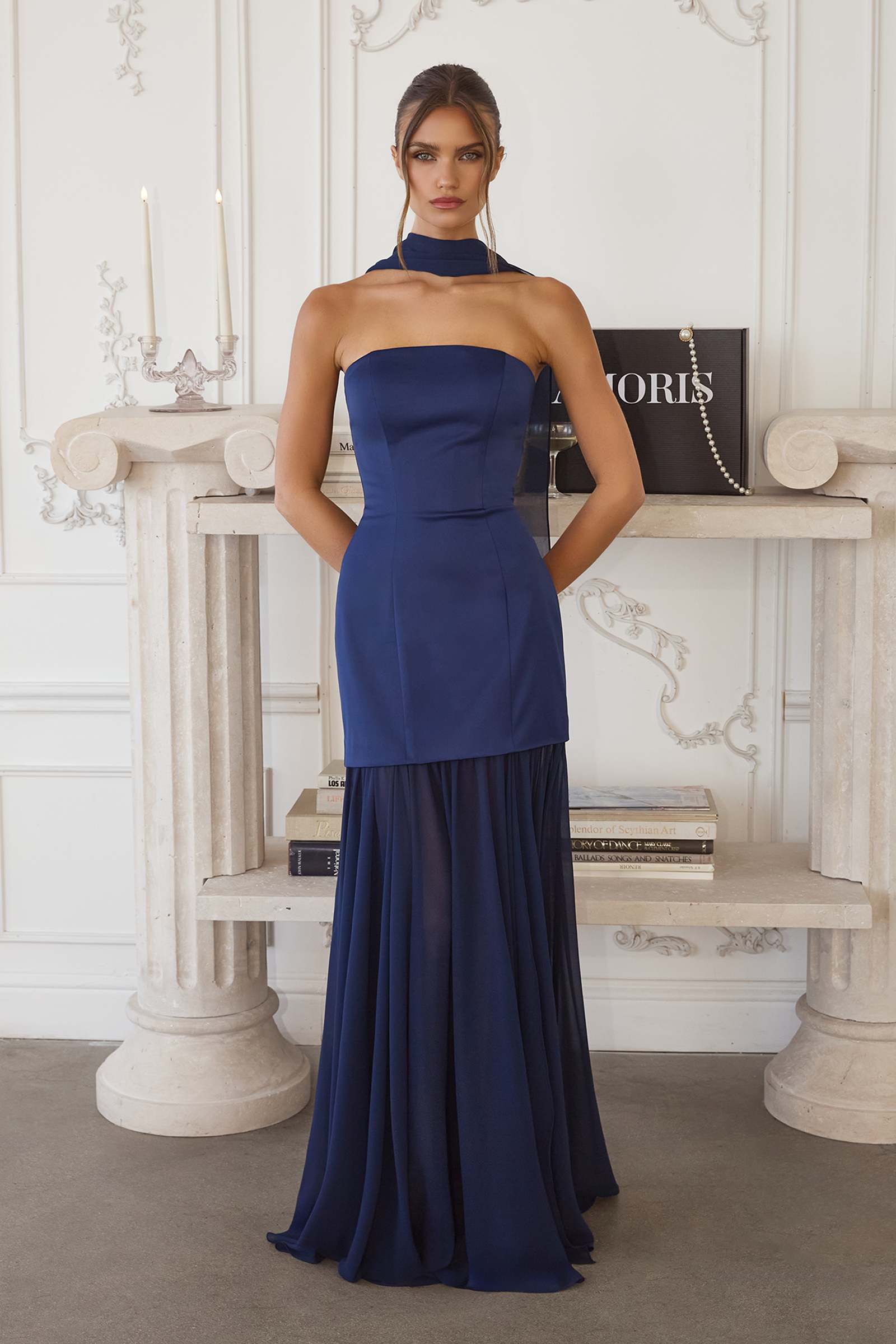 Amoris T825 Strapless Satin Bodice Pleated Chiffon Skirt Fitted Dress by DiscountDressShop