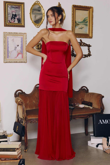 Amoris T825 Strapless Satin Bodice Pleated Chiffon Skirt Fitted Dress by DiscountDressShop
