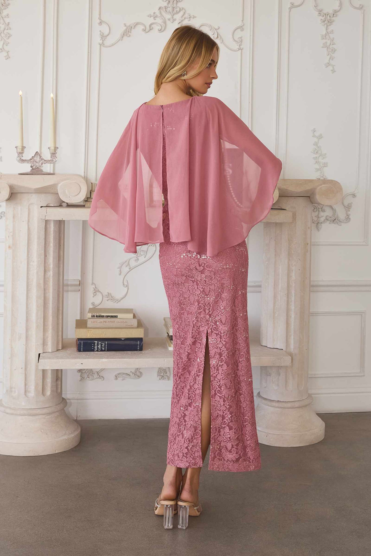 Amoris T906 Sequin Lace Gown Detachable Sheer Cape Overlay by DiscountDressShop