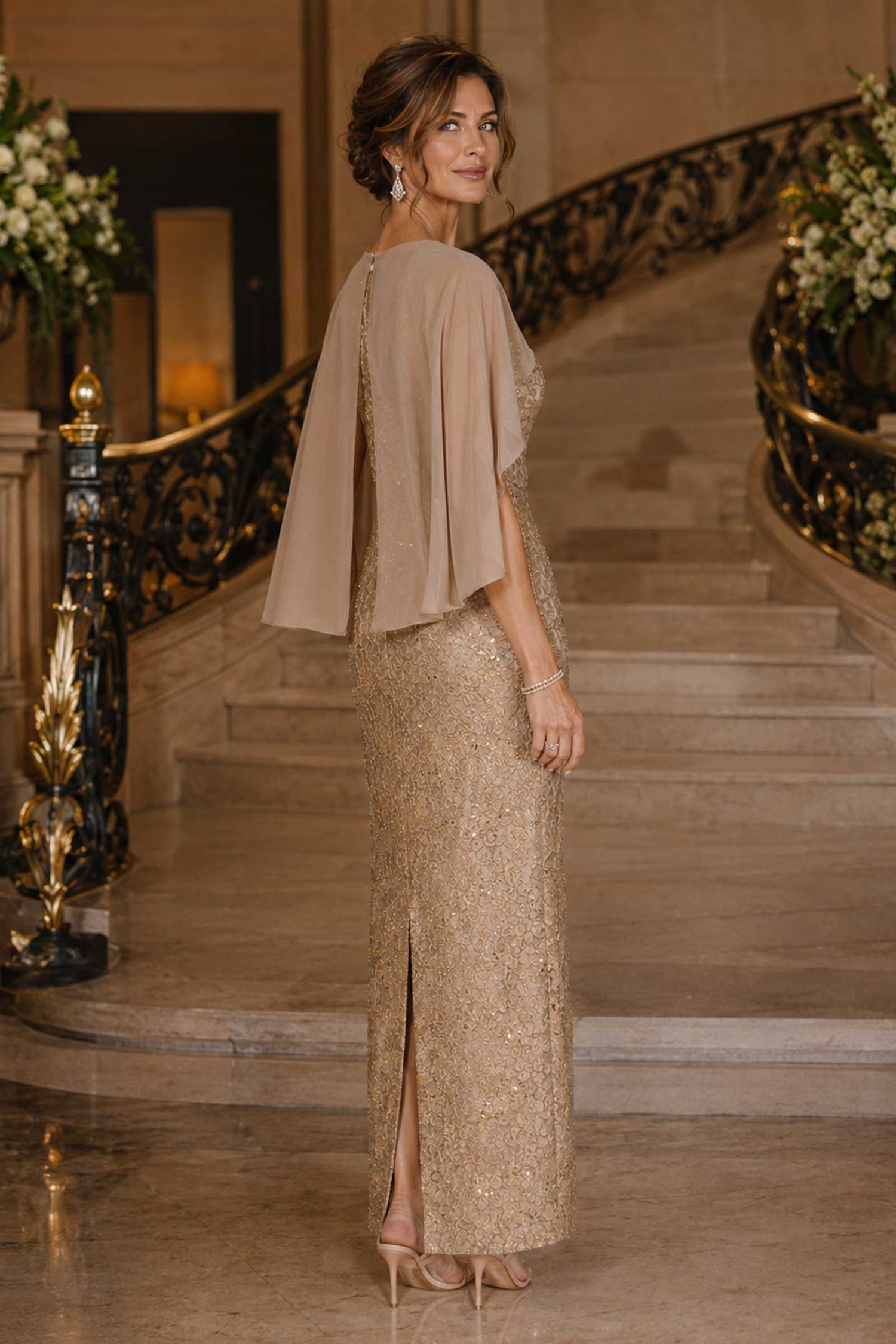 Amoris T906 Sequin Lace Gown Detachable Sheer Cape Overlay  DestGlow