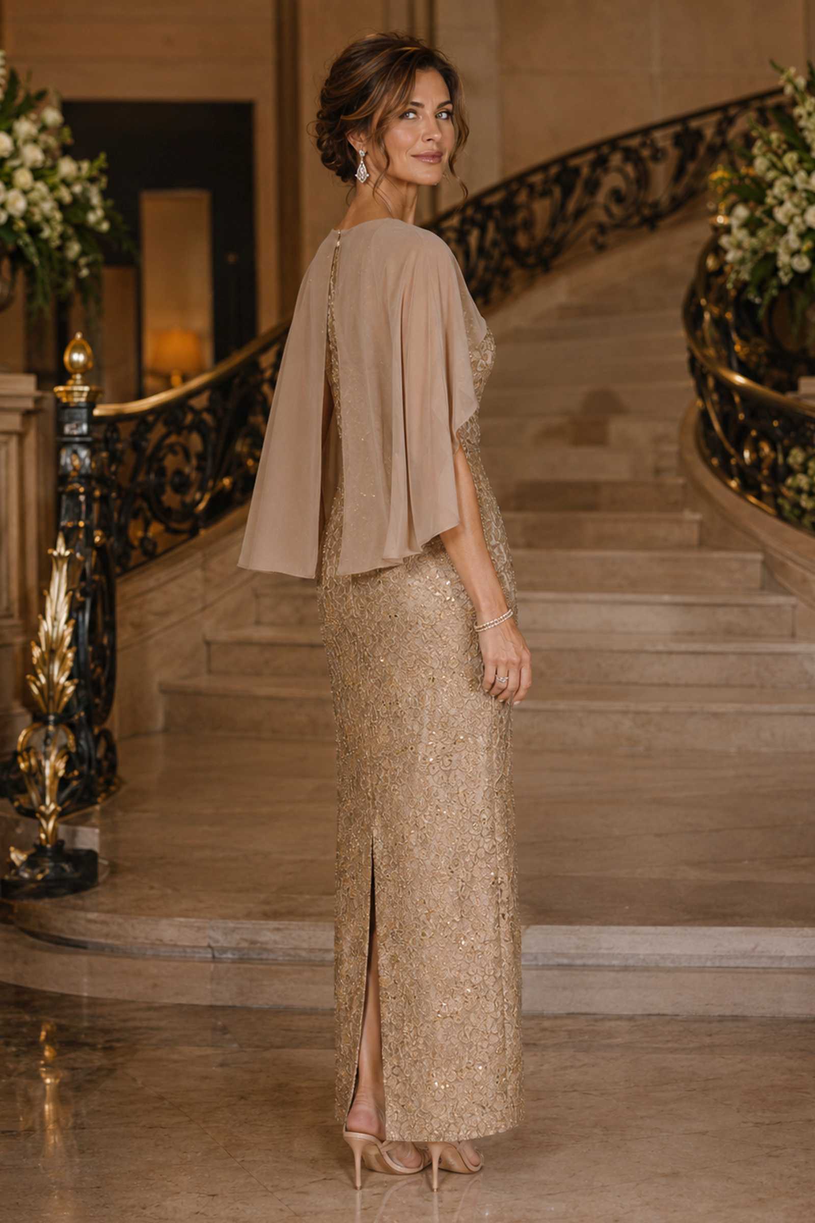 Amoris T906 Sequin Lace Gown Detachable Sheer Cape Overlay  DestGlow
