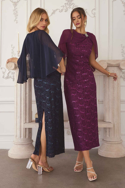 Amoris T906 Sequin Lace Gown Detachable Sheer Cape Overlay by DiscountDressShop
