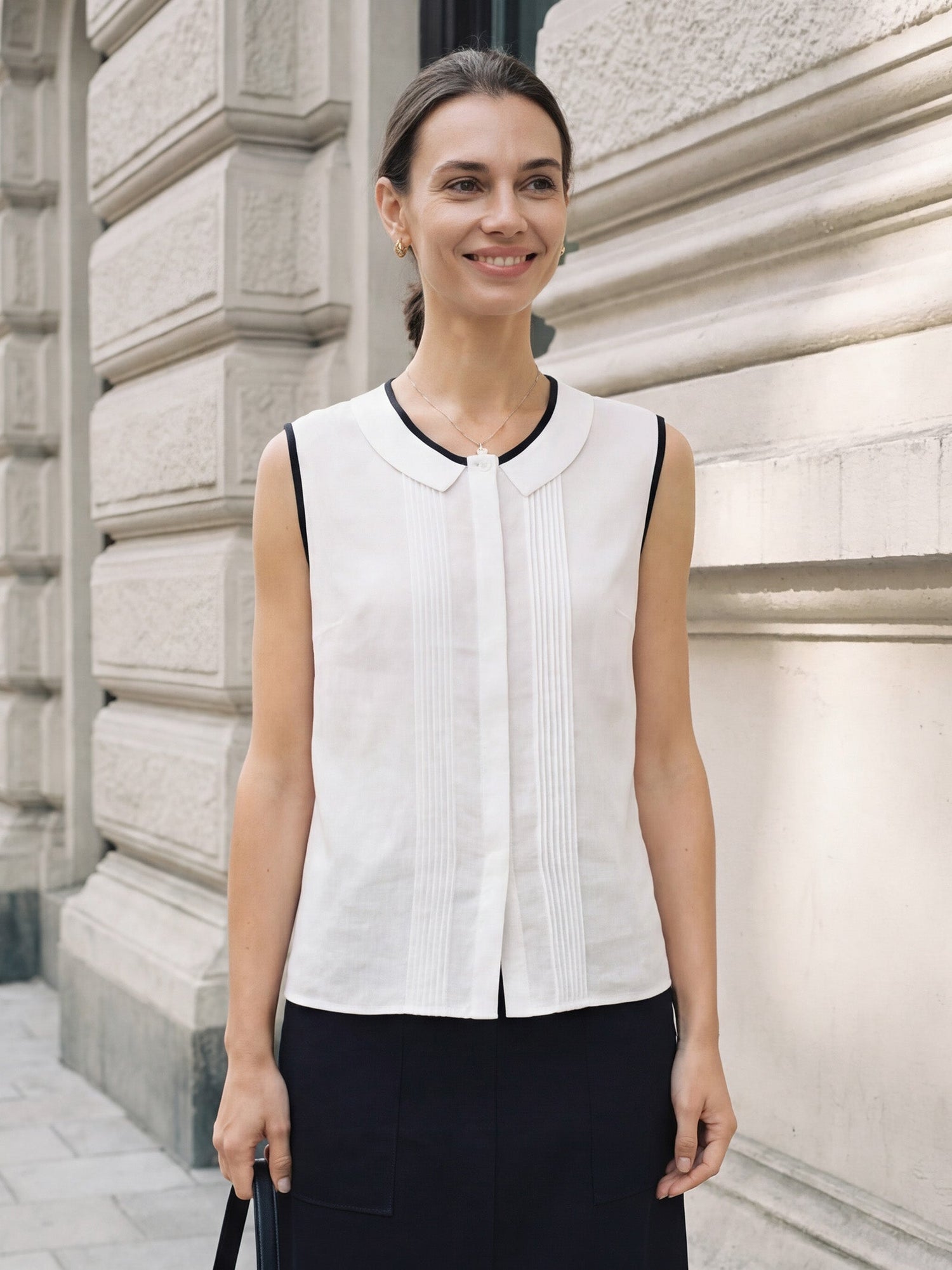 Linen-Lyocell Contrast Trim Pleated Sleeveless Top JUNIPER by LINTICO