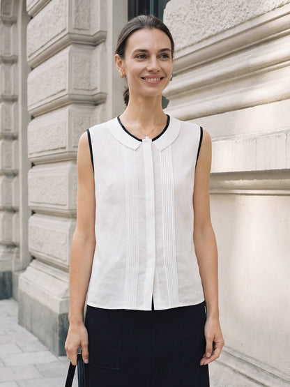 Linen-Lyocell Contrast Trim Pleated Sleeveless Top JUNIPER by LINTICO