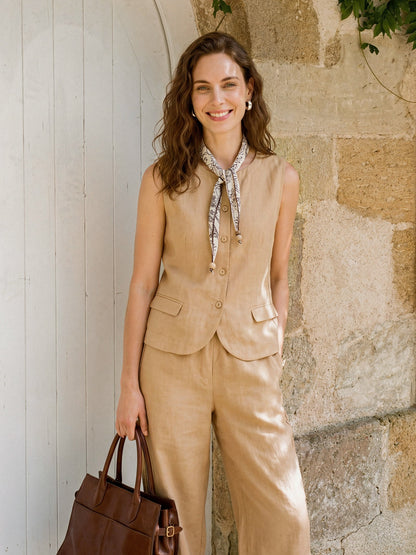 100% Linen Cinch-Back Sleeveless Tailored Vest BRONWYN by LINTICO