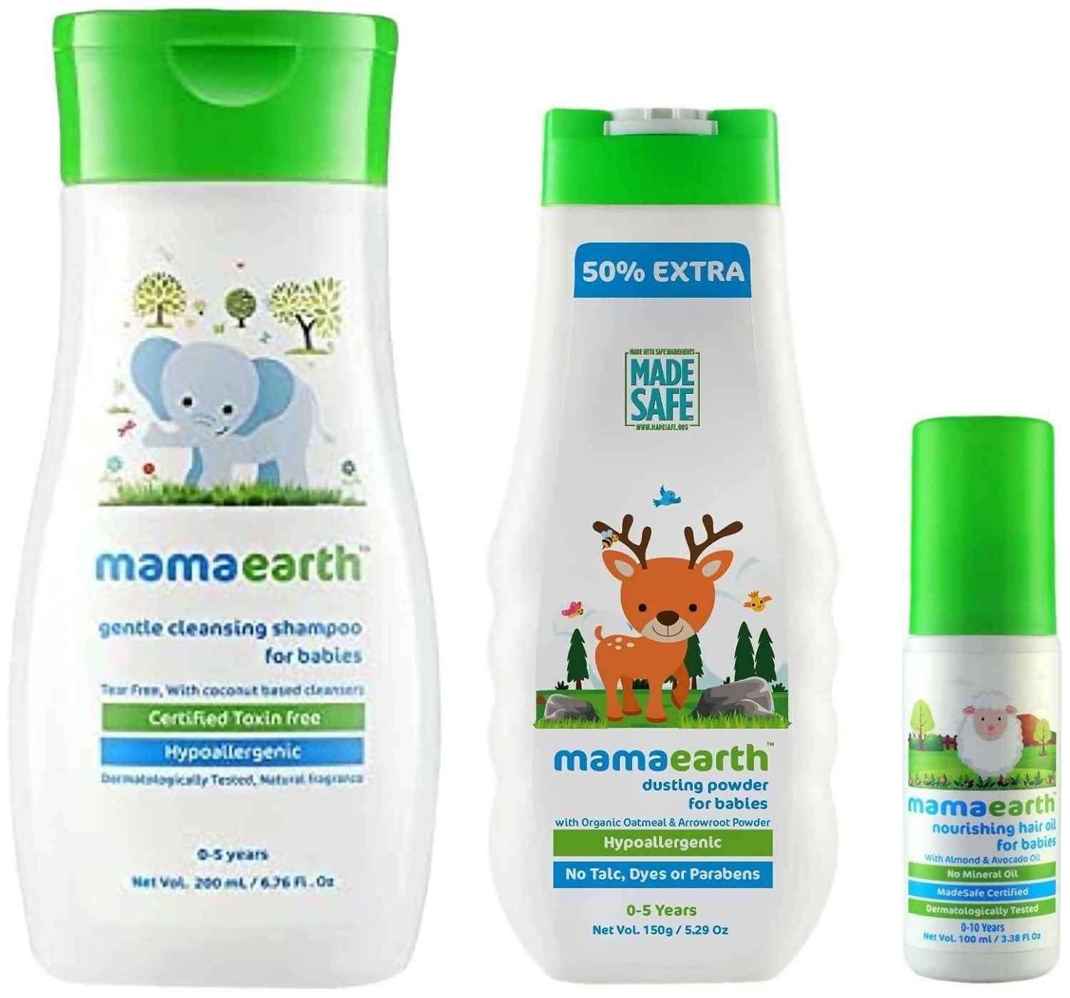 Mamaearth Nourishing Hair Oil &amp; Dusting Powder &amp; Gentle Cleansing Baby Shampoo