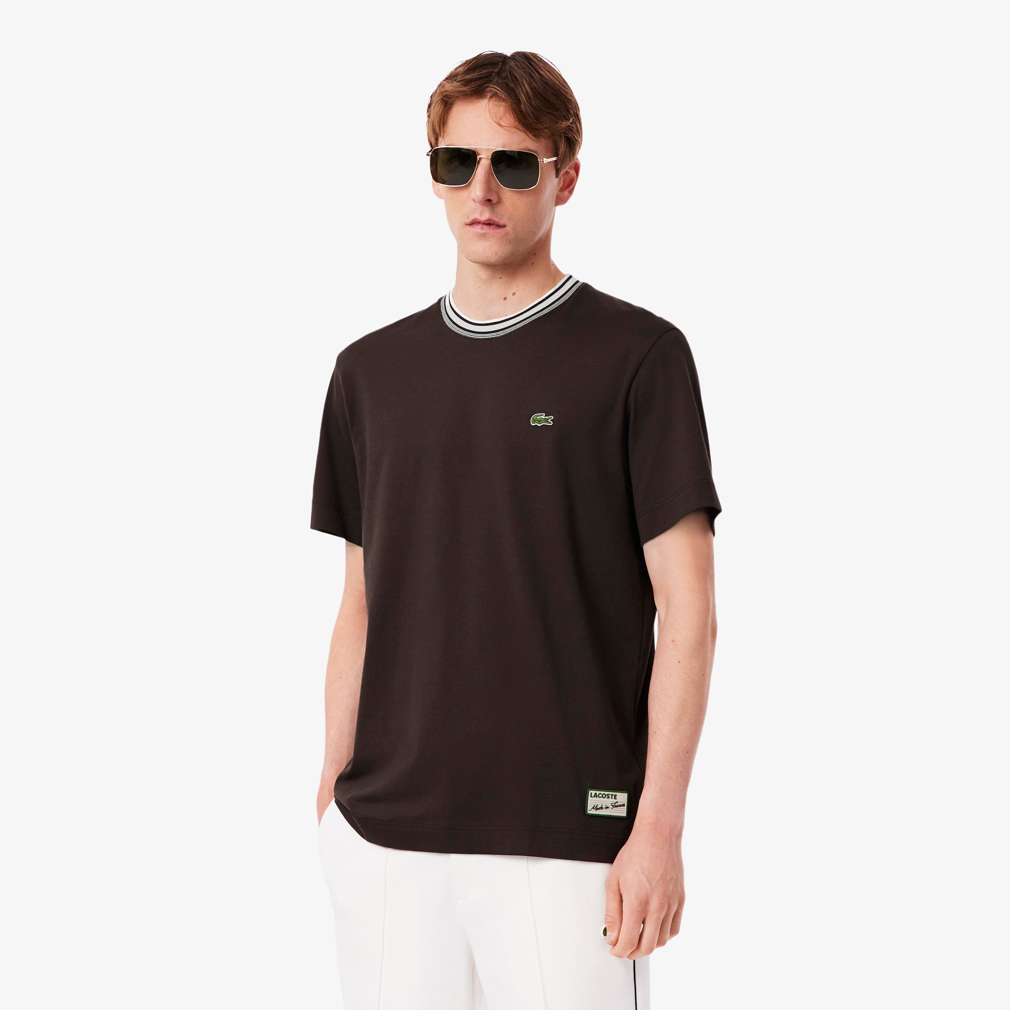 Lacoste Made in France Stripe Neck Tee - Black by Denim Exchange